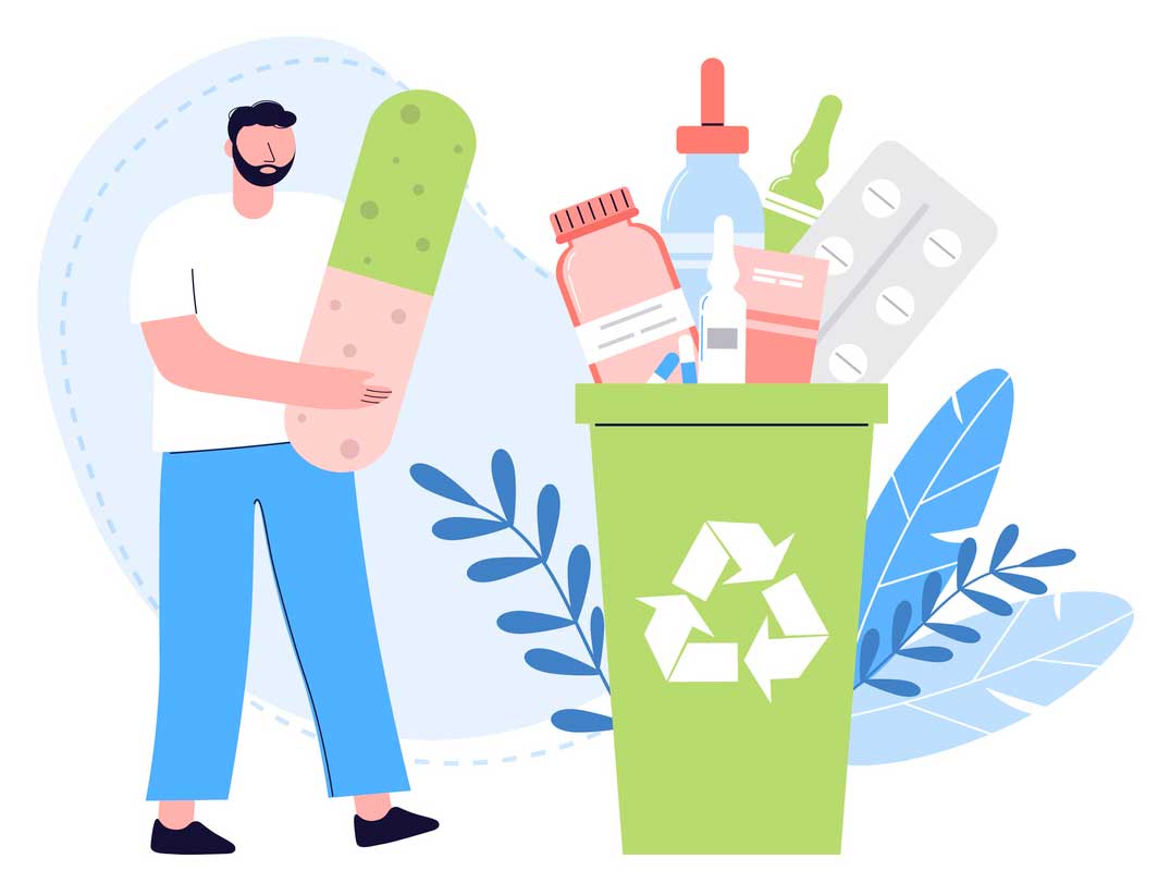 content on the internet man with a big pill cartoon