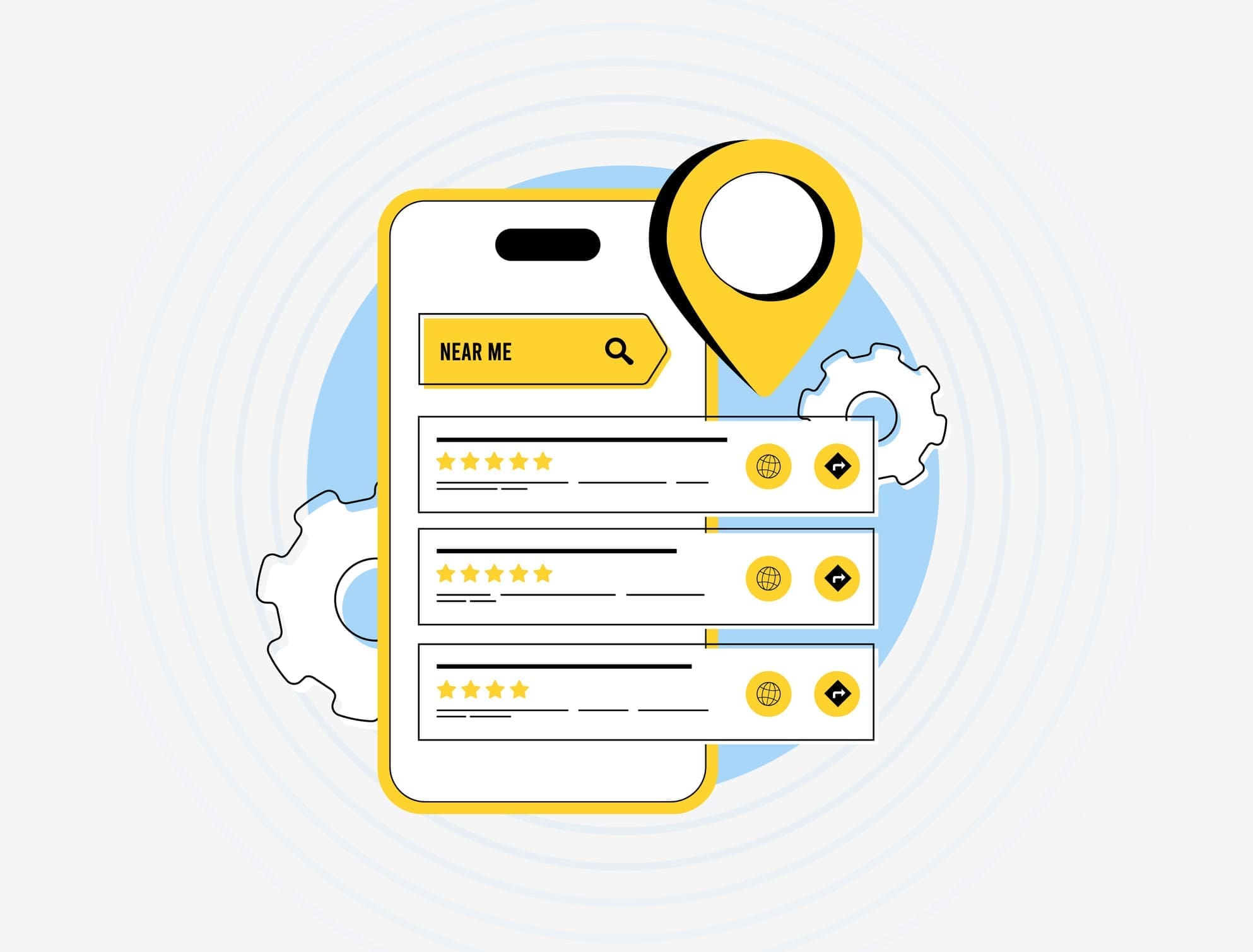 Mobile search interface showing local results and ratings, illustrating keyword clusters beyond “near me” for UK local SEO.