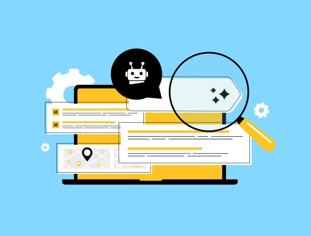 Illustration of AI chatbot and search results interface comparing SEO vs GEO strategies for digital visibility.