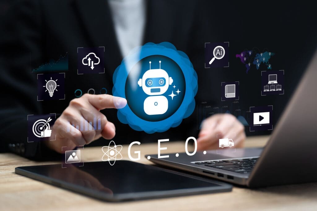 What is GEO (Generative Engine Optimisation) and Why UK Businesses Need It in 2026 2 Business professional interacting with AI interface illustrating Generative Engine Optimisation and AI search visibility in 2026.