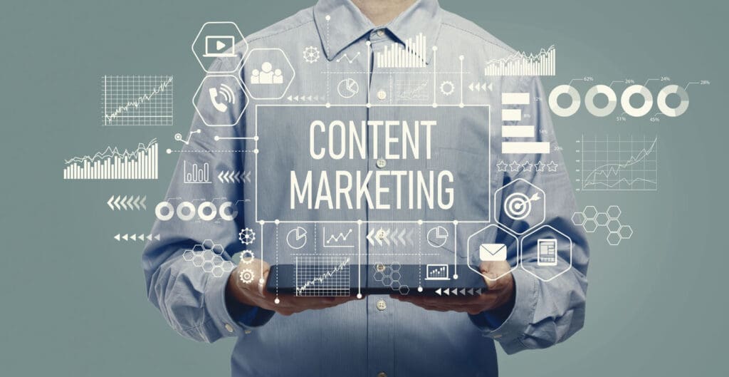 Professional holding tablet with content marketing analytics dashboard, representing Expert Content Marketing strategy.