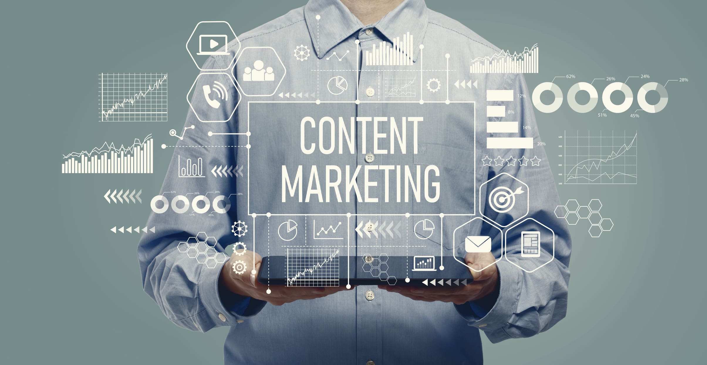 Professional holding tablet with content marketing analytics dashboard, representing Expert Content Marketing strategy.