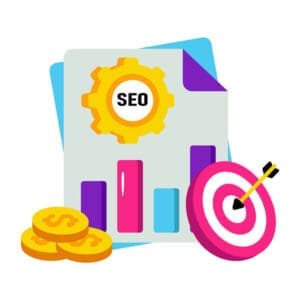 Illustration of SEO report with growth chart, coins and target symbolising long-term SEO benefits and business growth.