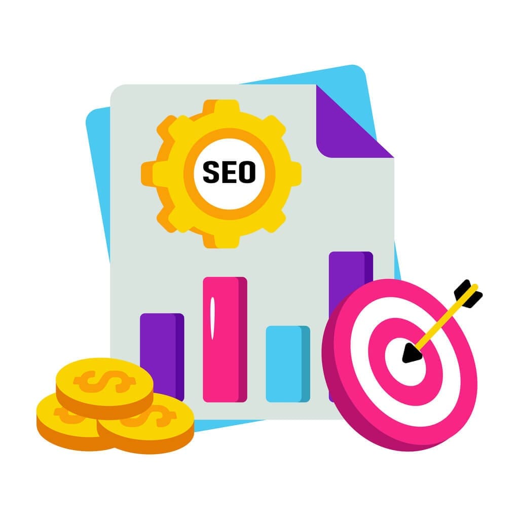 Illustration of SEO report with growth chart, coins and target symbolising long-term SEO benefits and business growth.