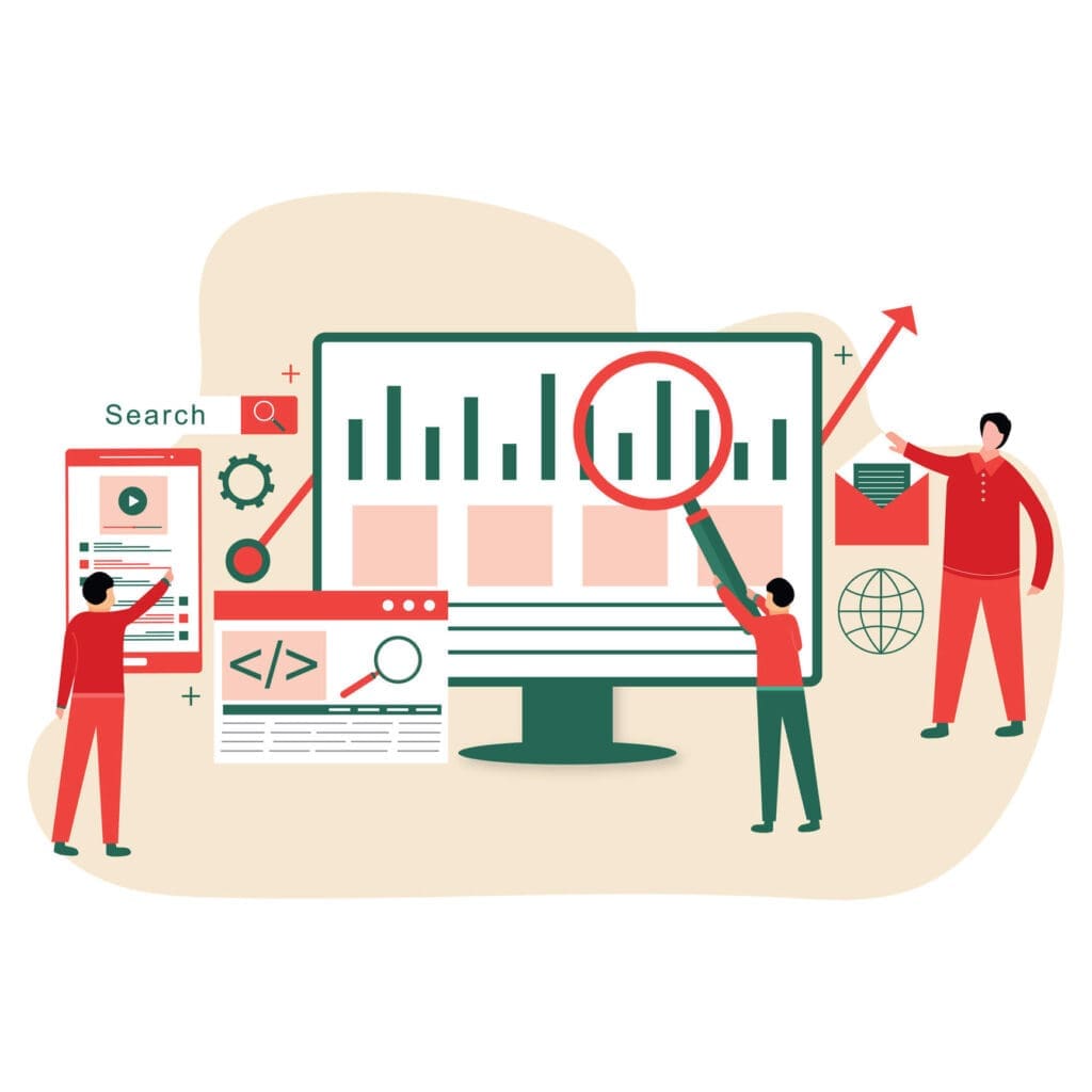 Illustration of website analytics dashboard and search tools representing a technical SEO audit for UK businesses.