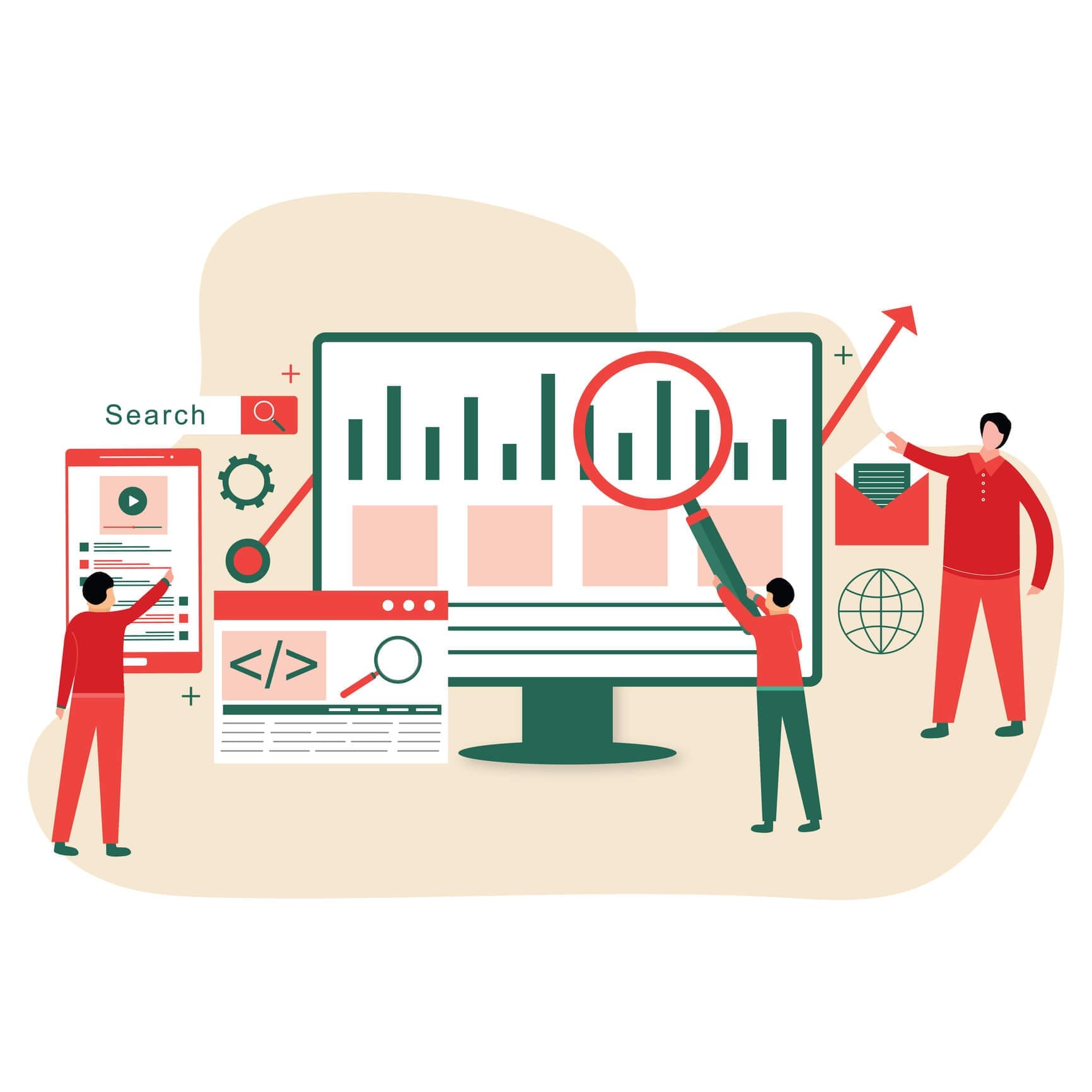Illustration of website analytics dashboard and search tools representing a technical SEO audit for UK businesses.