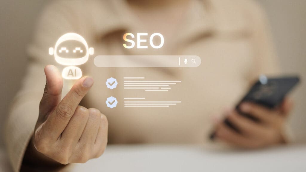 AI and SEO interface with search bar and checklist representing AI search visibility for small businesses.