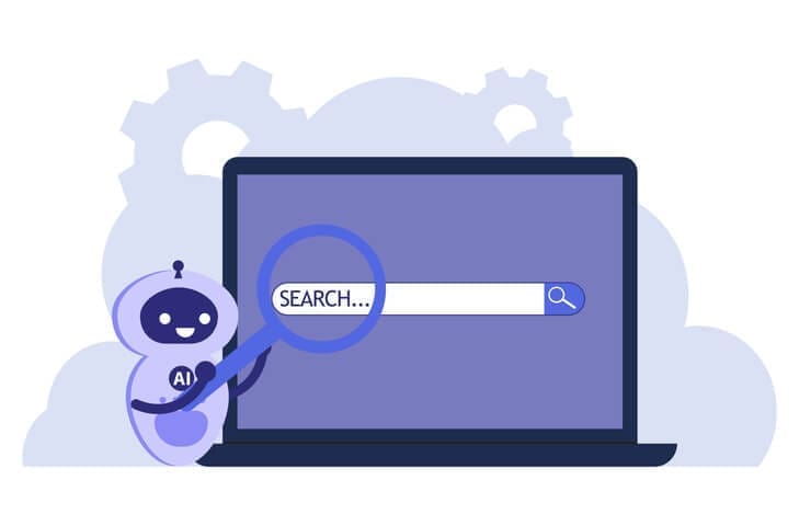 AI assistant analysing search bar on laptop representing AI vs Google SEO changes.