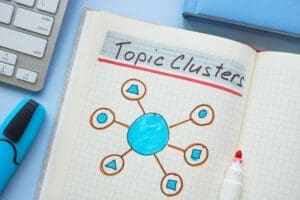 Notebook diagram showing topic clusters for service businesses with connected content ideas.