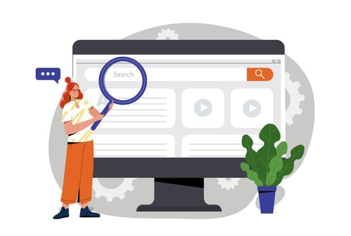 From AI Search Visibility to Search Authority: How Small Service Businesses Can Become the Obvious Choice in 2026 1 Person analysing website search results with magnifying glass representing search authority and online visibility.