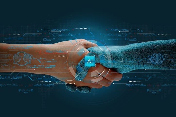 AI Trust Signals: What Helps AI Tools Trust Your Business? 1 Human hand shaking a robotic hand with AI interface elements representing AI trust signals and digital credibility.