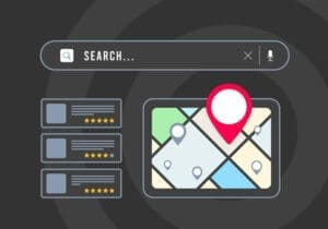 Search interface with map and location pin representing local visibility and near me searches.