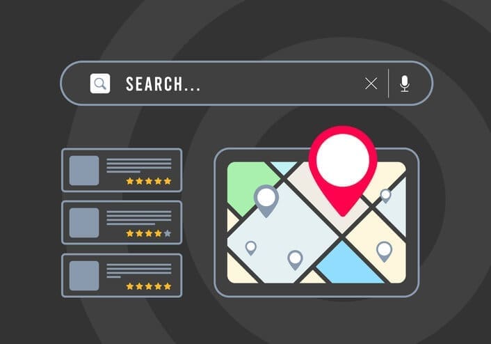 Search interface with map and location pin representing local visibility and near me searches.