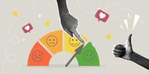 Customer satisfaction gauge moving toward positive ratings with approval icons, representing proof-led SEO content and trust building.