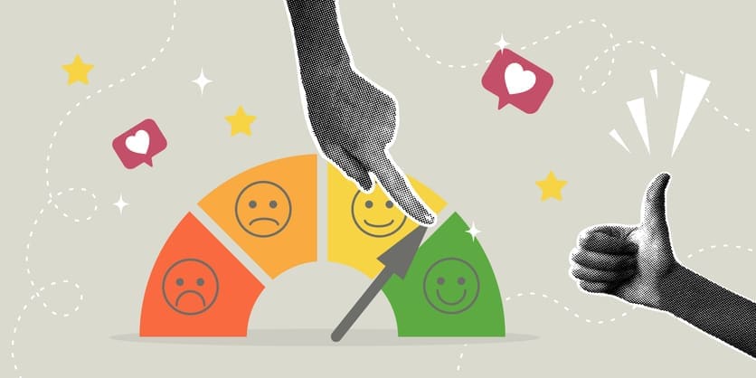 Customer satisfaction gauge moving toward positive ratings with approval icons, representing proof-led SEO content and trust building.