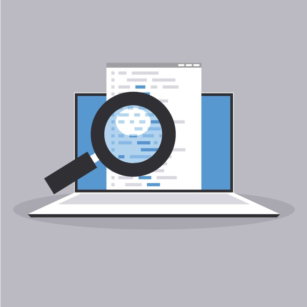 Magnifying glass examining website content on a laptop screen, representing search visibility and website enquiry performance.