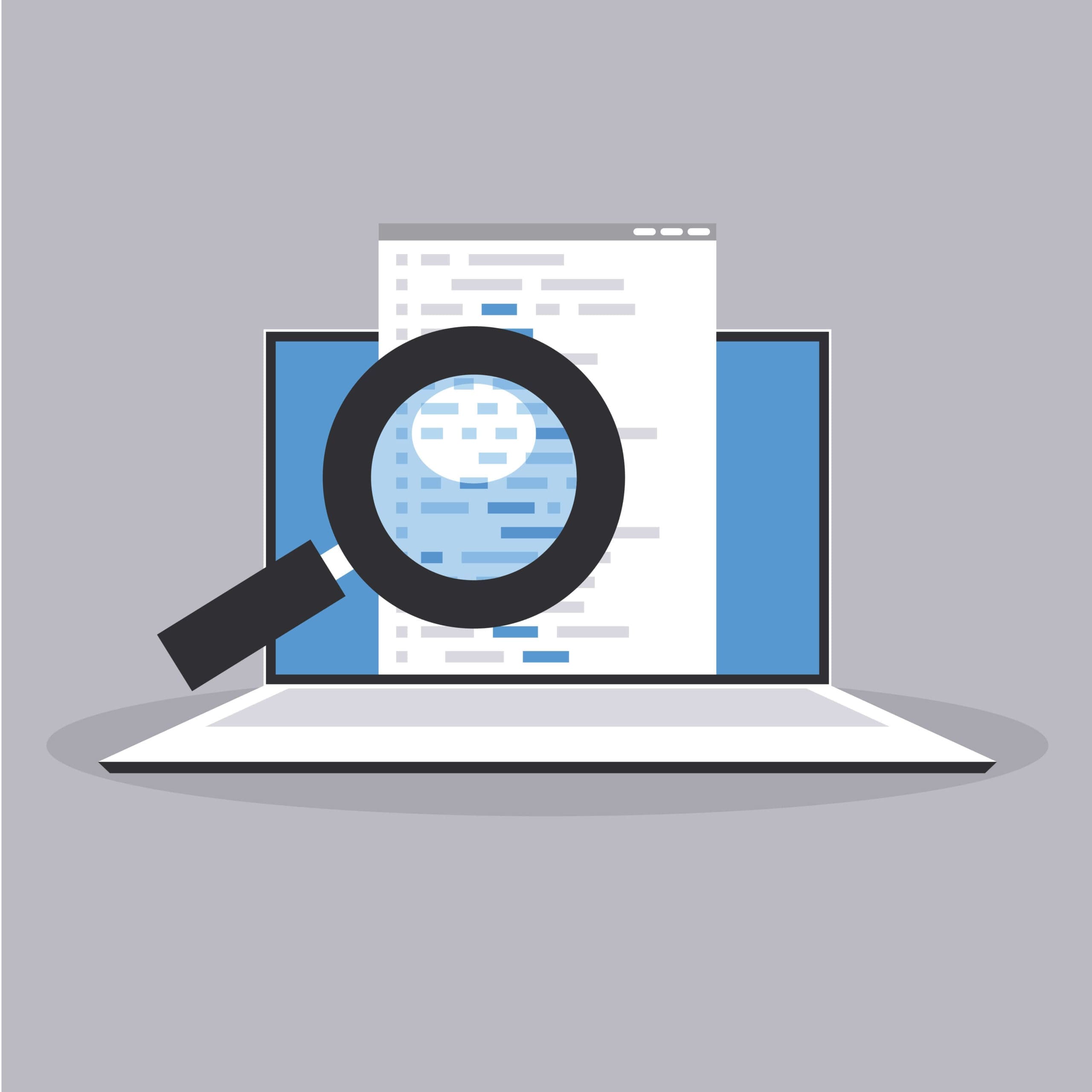 Magnifying glass examining website content on a laptop screen, representing search visibility and website enquiry performance.