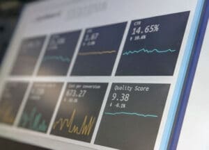 Analytics dashboard displaying website visibility metrics including traffic, click-through rate and performance trends.